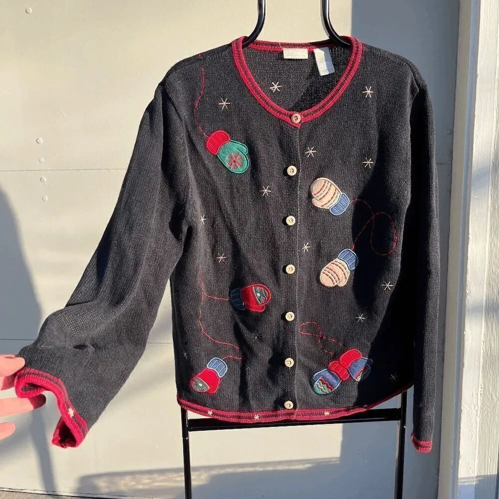 Vintage Fieldgear Holiday Knit Cardigan with Mittens Embroidery - Size L
